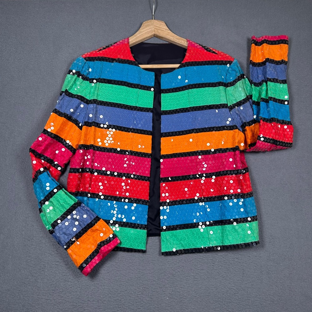 Unbranded Sequin Jacket Women M Multi Rainbow Stripe Open Front Disco Party